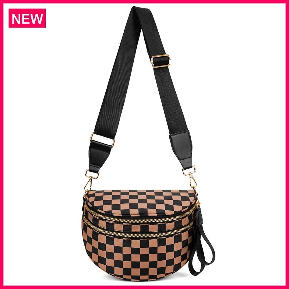 Spacious Checkered Crossbody Bag Waterproof Nylon Adjustable Strap Outdoor